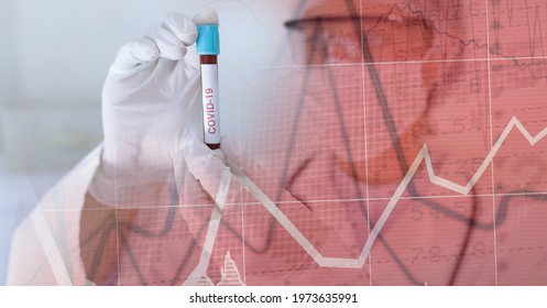 Composition of medical data processing over in face mask and covid 19 tube blood sample. global covid 19 pandemic, medicine, digital interface and data processing concept digitally generated image.