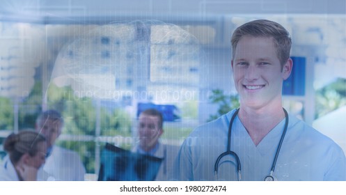 Composition of medical data processing over smiling male doctor in meeting. medicine, digital interface and data processing concept digitally generated image.