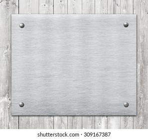 Composition Of Metal Aluminum Plaque, Name Plate On Wooden Wall Planks