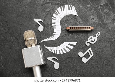 Composition with microphone, harmonica and paper decor on dark background