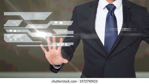 Composition of midsection of businessman touching interactive screen with data processing. global business and finance digital interface and technology concept digitally generated image.