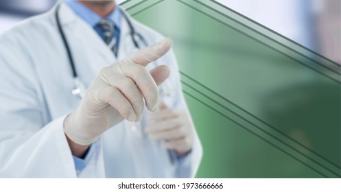 Composition Of Midsection Of Male Doctor Wearing Surgical Gloves Touching Interactive Screen. Global Medicine And Technology Concept Digitally Generated Image.