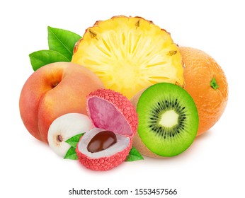 Composition with mix of whole and cutted tropical fruits isolated on a white background with clipping path. - Shutterstock ID 1553457566