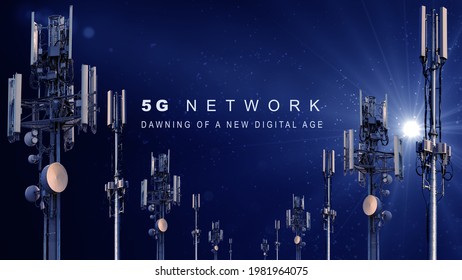 Composition Of Mobile Cell Towers With The Words 5G Network Dawning Of A New Digital Age Set Against A Deep Dark Blue Space Background And Lens Flare Lighting Effect 