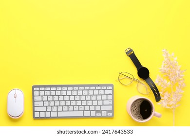 Composition with modern computer keyboard, mouse, wristwatch, eyeglasses and cup of coffee on yellow background - Powered by Shutterstock