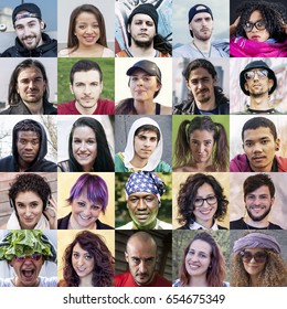 Composition of multiethnic portraits of young adults with expressive faces