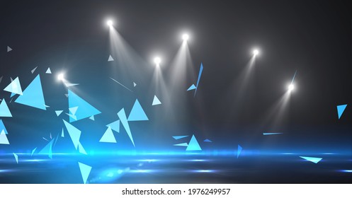 Composition of multiple blue triangles and glowing lights on grey background. global connections and digital interface concept digitally generated image.