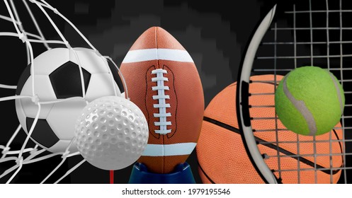 Composition Of Multiple Sport Equipment And Balls On Black Background. Sport, Fitness And Active Lifestyle Concept Digitally Generated Image.