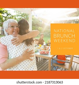 Composition of nation brunch weekend text over senior caucasian woman hugging daughter in garden. National brunch weekend concept. - Powered by Shutterstock