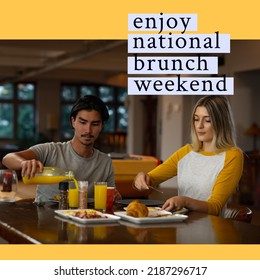 Composition of national brunch weekend text over diverse couple having dinner. National brunch weekend and celebration concept digitally generated image. - Powered by Shutterstock