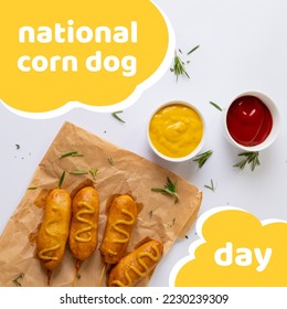 Composition of national corn dog day text over corn dogs, ketchup and mustard background. National corn dog day and fast food concept. - Powered by Shutterstock