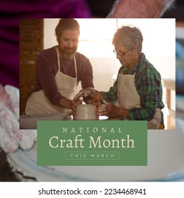 Composition of national craft month text over caucasian male and female potters in workshop. National craft month, craftsmanship and small business concept. - Powered by Shutterstock