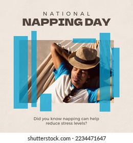 Composition of national napping day text with biracial man sleeping. National napping day, sleeping and resting concept. - Powered by Shutterstock