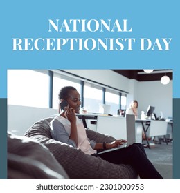 Composition of national receptionist day text over african american female receptionist on the phone. National receptionist day, office and communication concept digitally generated image. - Powered by Shutterstock