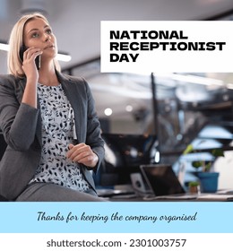 Composition of national receptionist day text over caucasian female receptionist on the phone. National receptionist day, office and communication concept digitally generated image. - Powered by Shutterstock