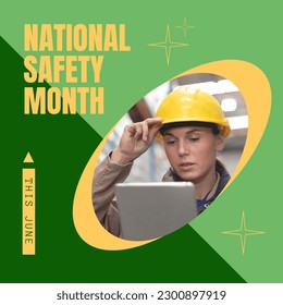Composition of national safety month text and caucasian female warehouse worker in safety hat. National safety month and safe workplace concept digitally generated image. - Powered by Shutterstock