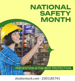 Composition of national safety month text over happy caucasian female worker in warehouse. National safety month, business and celebration concept digitally generated image. - Powered by Shutterstock