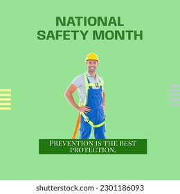 Composition of national safety month text over happy caucasian male worker with helmet. National safety month, business and celebration concept digitally generated image. - Powered by Shutterstock