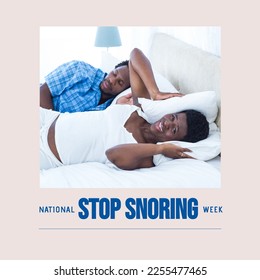 Composition of national stop snoring week text and couple in bed with man snoring. National stop snoring week concept digitally generated image. - Powered by Shutterstock
