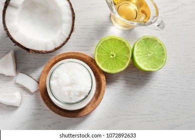 Composition With Natural Coconut Scrub On Table