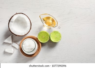 Composition With Natural Coconut Scrub On Table