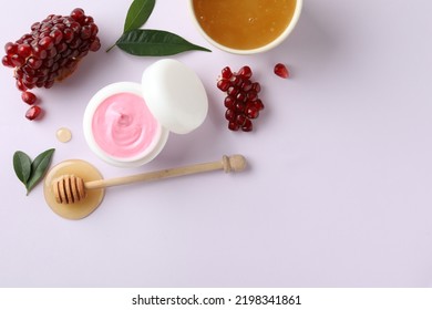 Composition With Natural Homemade Mask, Pomegranate And Ingredients On White Background, Top View