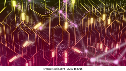 Composition of neon shapes and data processing on black background. Global technology, computing and digital interface concept digitally generated image.