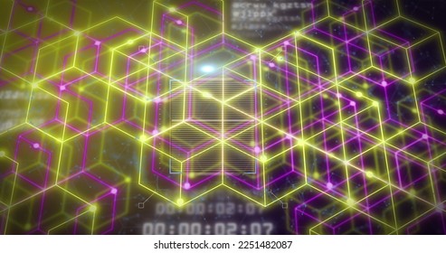 Composition of neon shapes over data processing on black background. Global technology, computing and digital interface concept digitally generated image.