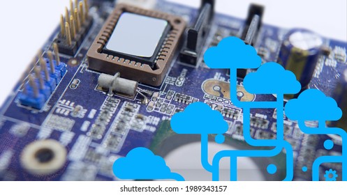 Composition of network of cloud digital icons and computer circuit board. global online identity, data processing, technology and digital interface concept digitally generated image