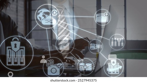Composition of network of connections with icons over caucasian man wearing vr headset. Global networks connections data processing and digital interface concept digitally generated image.