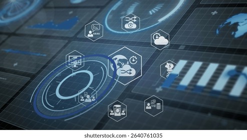 Composition of network of connections with icons over computer circuit board. Global technology connections and digital interface concept digitally generated image. - Powered by Shutterstock - Get 15% off with code: PIKWIZARD15