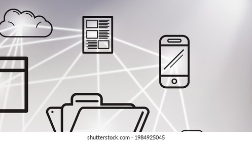 Composition of network of digital icons with cloud on grey background. global data processing, connections, technology and digital interface concept digitally generated image.