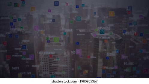 Composition of network of digital icons over cityscape. global business, technology, connections and networking concept digitally generated image.