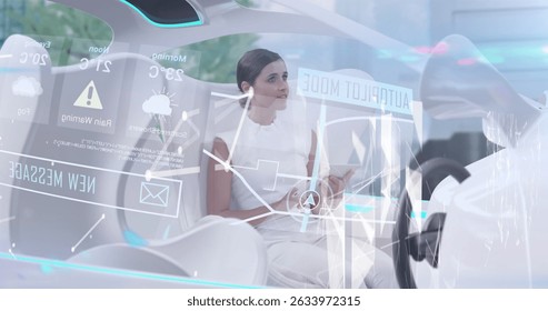 Composition of network of digital icons over business people clapping in office. Global business technology connections and data processing concept digitally generated image.