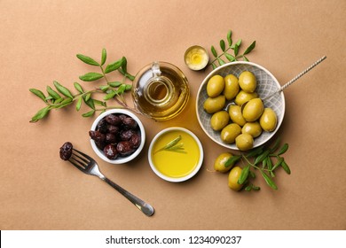 Composition With Olive Oil On Color Background