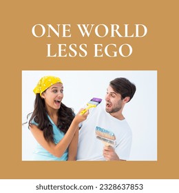 Composition of one world less ego text over smiling biracial couple with paint brushes. Ego awareness day, less ego and empathy concept digitally generated image. - Powered by Shutterstock