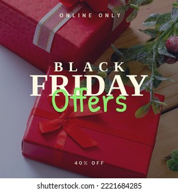 Composition of online only black friday offers 40 percent off text over presents. Black friday, shopping and retail concept digitally generated image. - Powered by Shutterstock