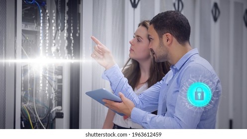 Composition of online security padlock and data processing over technicians checking computer server. global connection, virtual reality and technology concept digitally generated image.