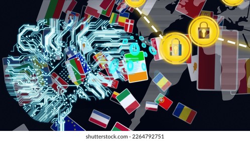 Composition of online security padlocks over national flags and world map. global online security, connections and digital interface concept digitally generated image.
