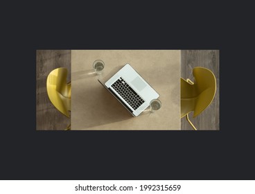 Composition of overhead table with laptop, two drinks and two chairs, on black background. global business, communication concept digitally generated image.