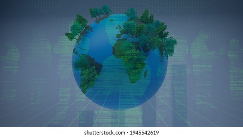 Composition of people's silhouettes and data processing over globe with trees. global technology, business, connection, environment and networking concept digitally generated image. - Powered by Shutterstock - Get 15% off with code: PIKWIZARD15