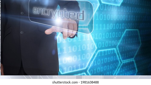 Composition of person pushing encrypted button on interface, over blue binary and hexagons. global computer and digital security concept digitally generated image.