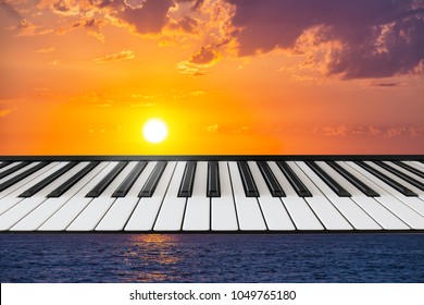 Composition of piano keyboard on marine background with a setting sun. Concept of music, nature, creation, unity of music and nature.
