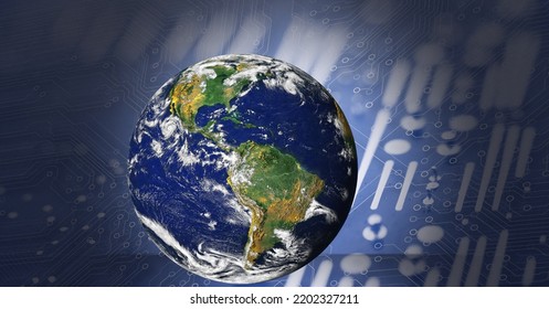 Composition of planet earth over computer circuit board. global connections, technology and digital interface concept digitally generated image.