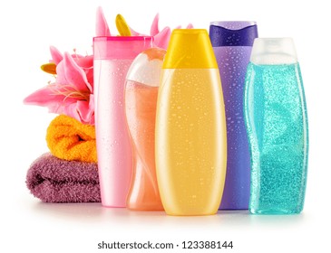 Composition with plastic bottles of body care and beauty products