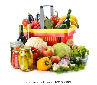 Composition with plastic shopping basket and grocery isolated on white. Variety of food products. - Shutterstock ID 100792393