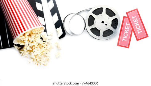 Composition With Popcorn, Movie Clapper And Cinema Tickets On White Background