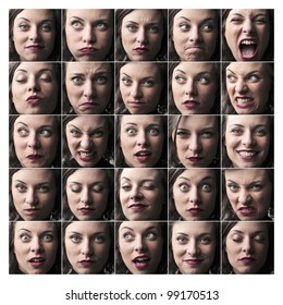 Composition Of Portraits Of The Same Woman Expressing Different Feelings And Moods