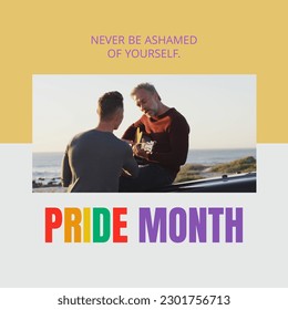 Composition of pride month text and happy caucasian male gay couple playing guitar. Pride month, human rights, equality and lgbtq concept digitally generated image. - Powered by Shutterstock