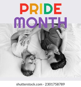 Composition of pride month text and happy caucasian male gay couple embracing. Pride month, human rights, equality and lgbtq concept digitally generated image. - Powered by Shutterstock